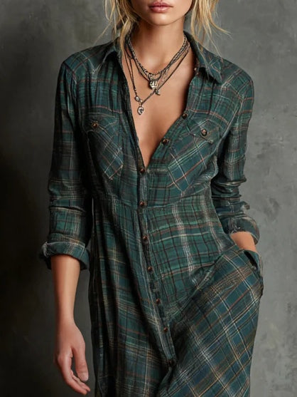 Livia™ Classic Green Plaid Shirt Dress