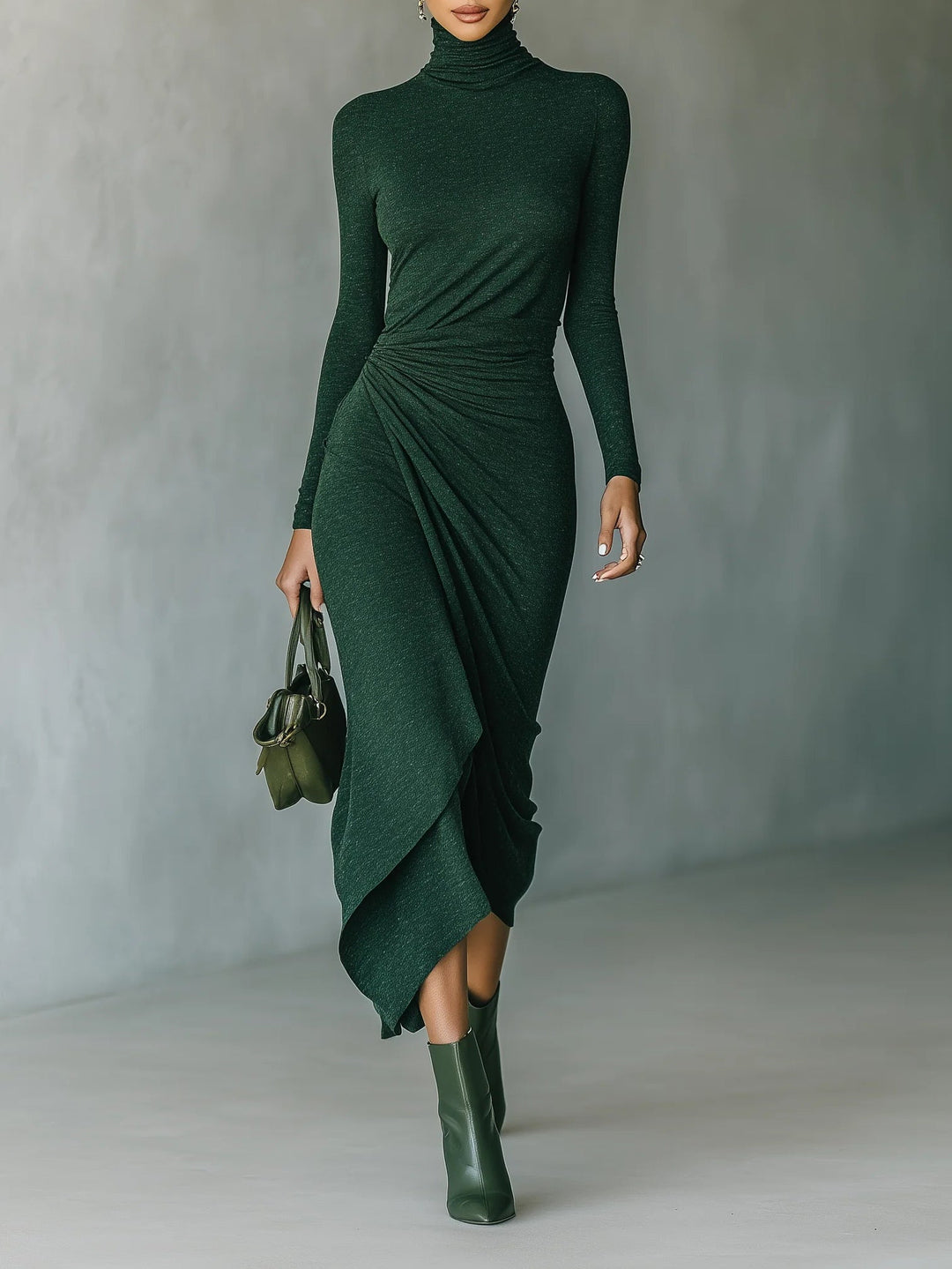 Lenora™ - Asymmetric wrap midi dress with pleats and high collar in dark green