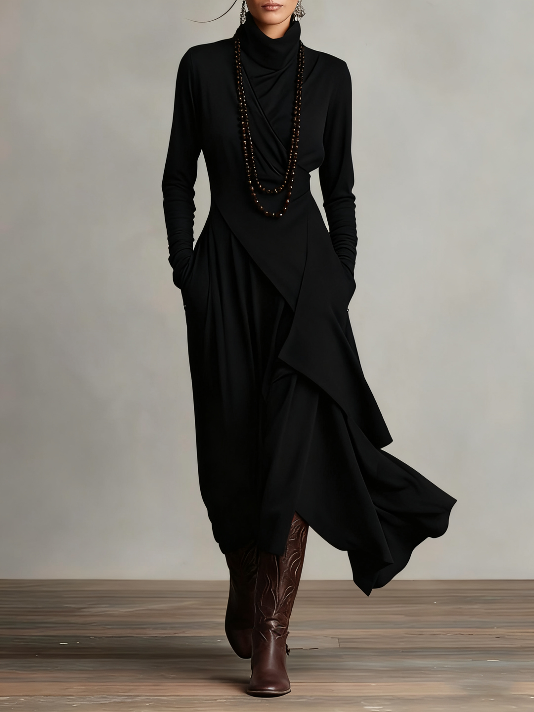 Giorgia™ - Asymmetrical Maxi Pleated Dress in Purple with High Neck (Necklace not included)