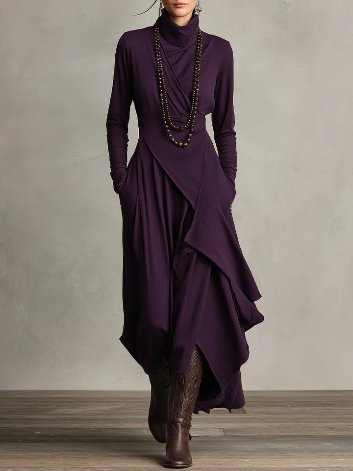 Giorgia™ - Asymmetrical Maxi Pleated Dress in Purple with High Neck (Necklace not included)