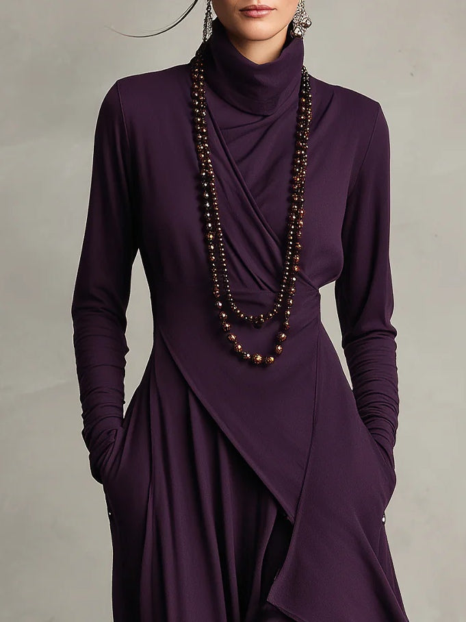 Giorgia™ - Asymmetrical Maxi Pleated Dress in Purple with High Neck (Necklace not included)