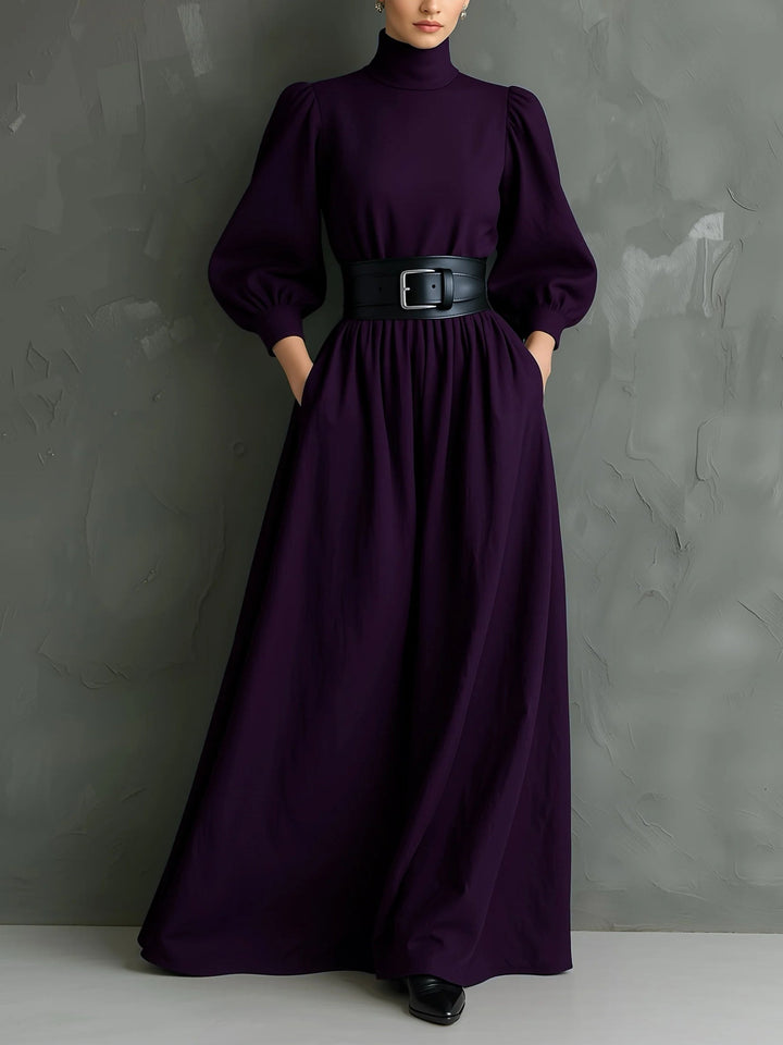 Isabella™ - Elegant long fitted dress with high collar and long sleeves in dark purple (with belt)