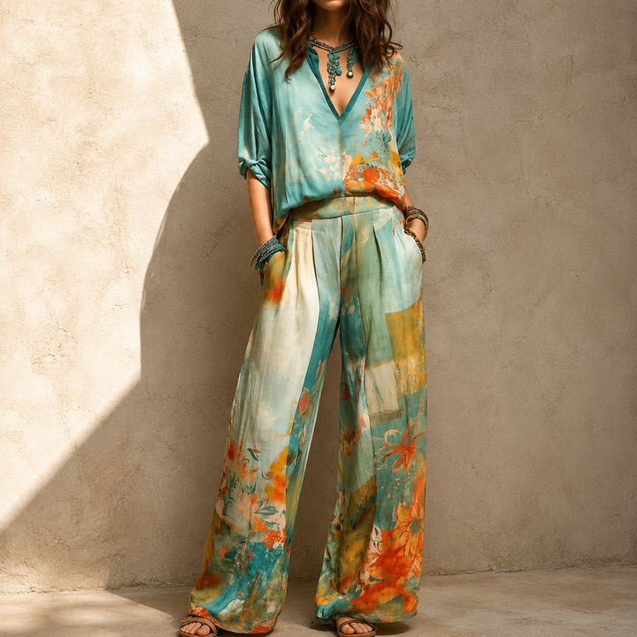 Chiara | Elegant Floral Print Set with Wide-Leg Trousers