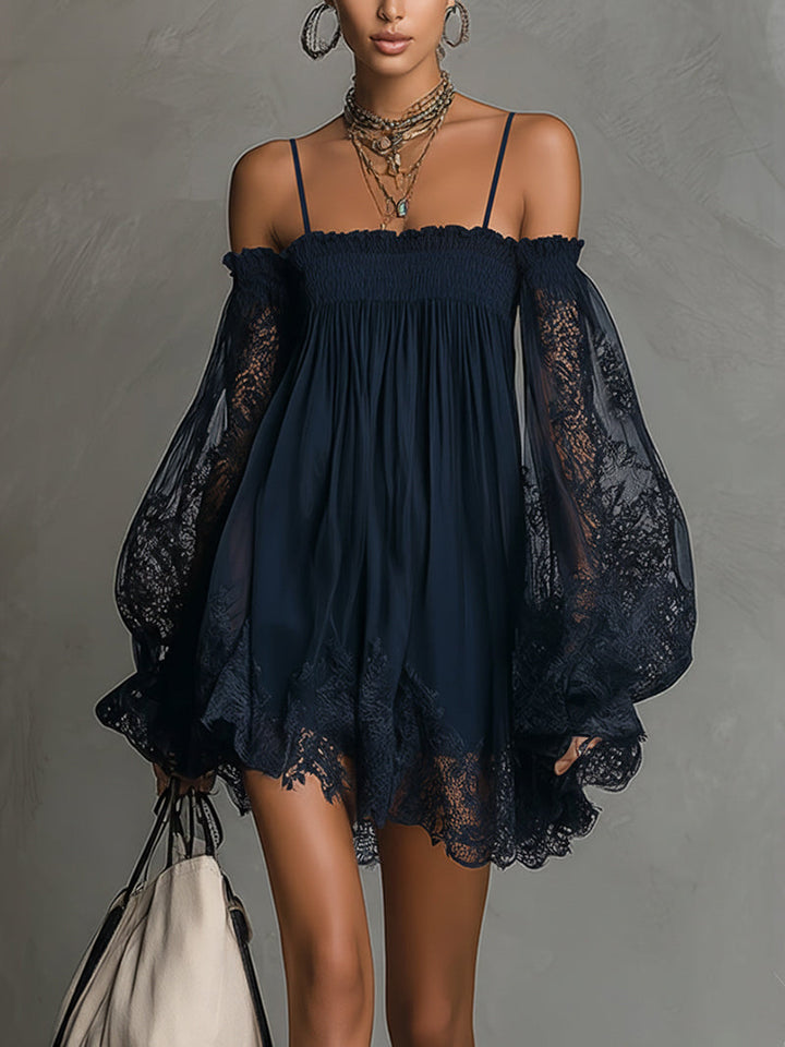 Noemi • Navy Blue Chiffon Mini Dress with Off-Shoulder Neckline, Lace Trim and Sheer Sleeves
