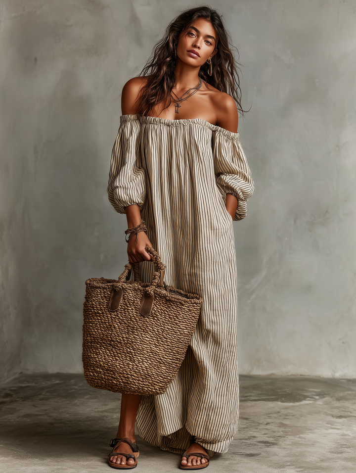 Carmen | Long Cotton and Linen Off-the-Shoulder Dress