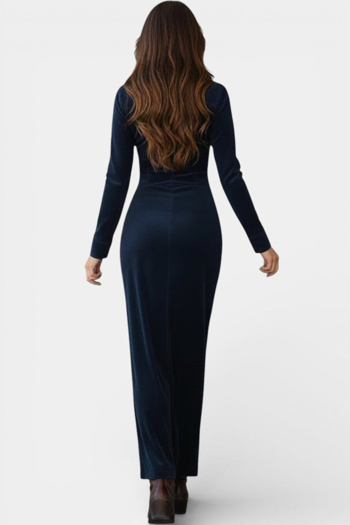 Romy Long Suede Dress with Buttons and Plunging Neckline