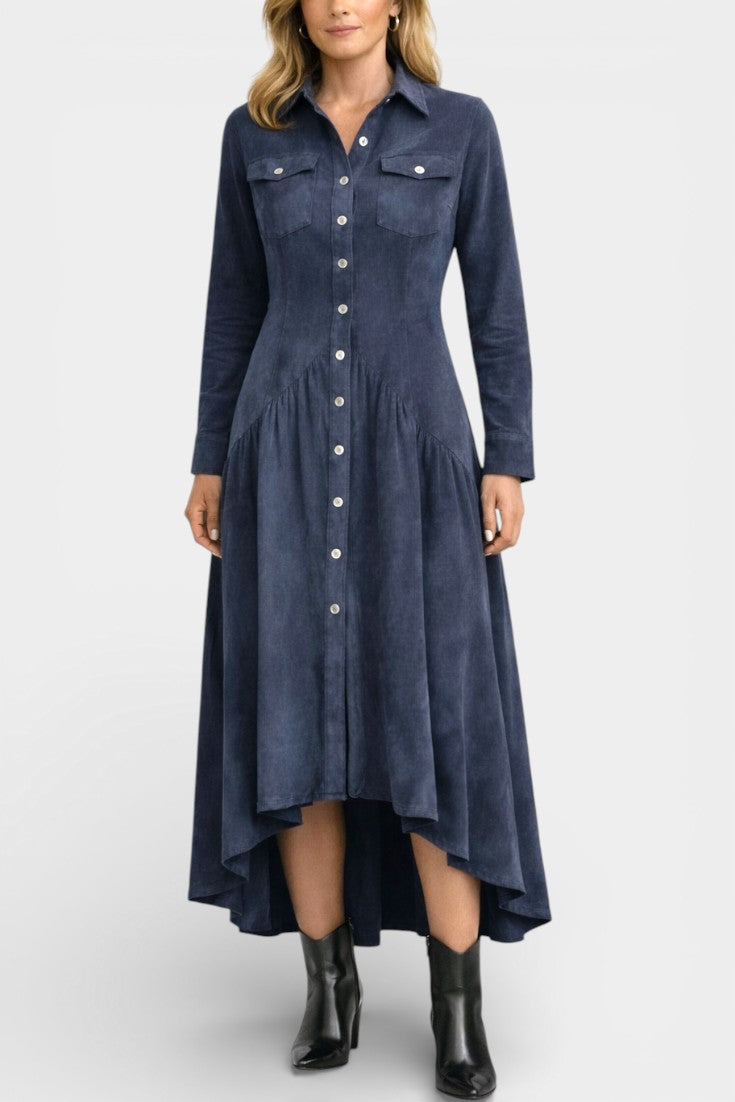 Kélia Retro Midi Dress with Asymmetrical Hem & Flap Pockets