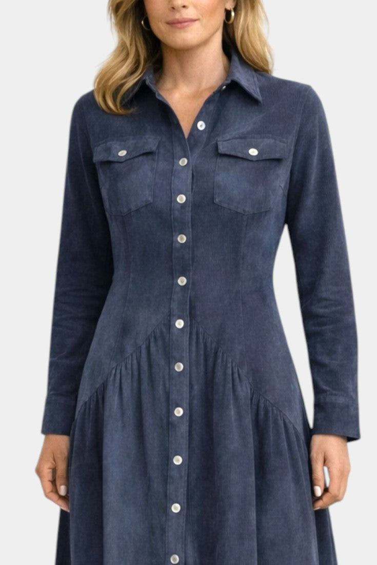Kélia Retro Midi Dress with Asymmetrical Hem & Flap Pockets