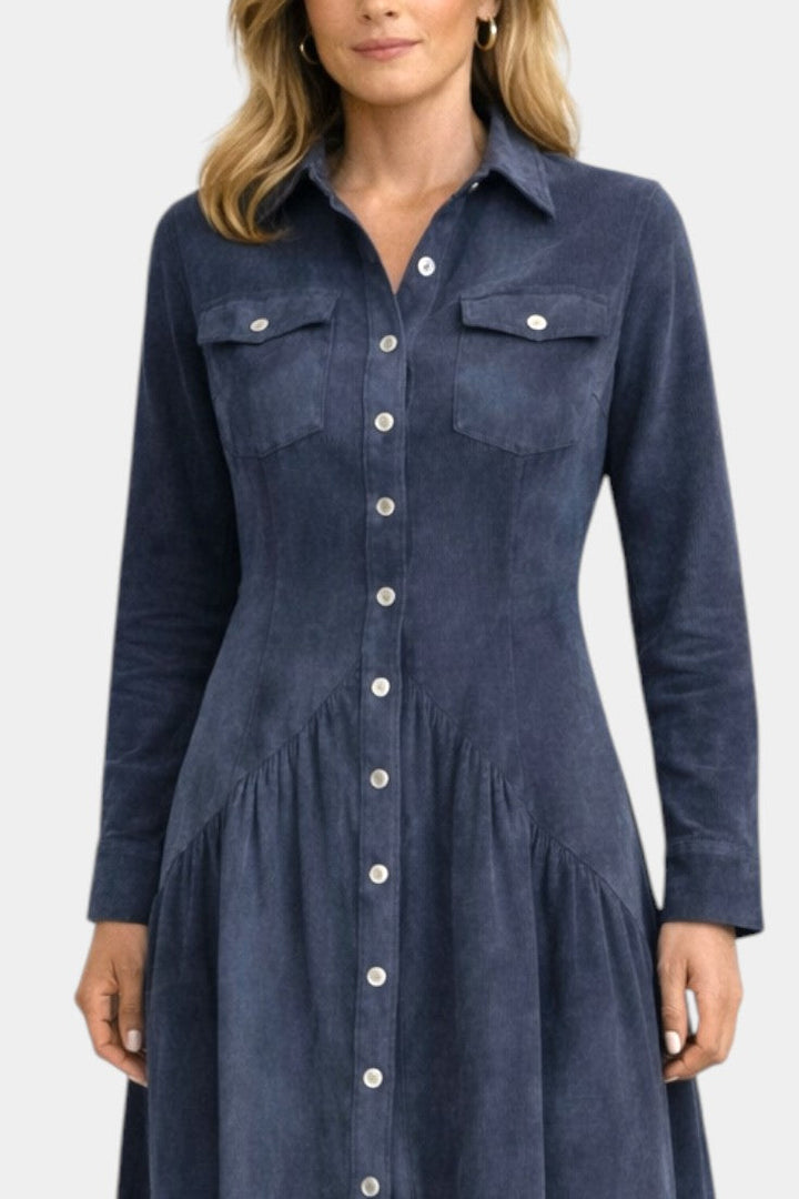 Kélia Retro Midi Dress with Asymmetrical Hem & Flap Pockets