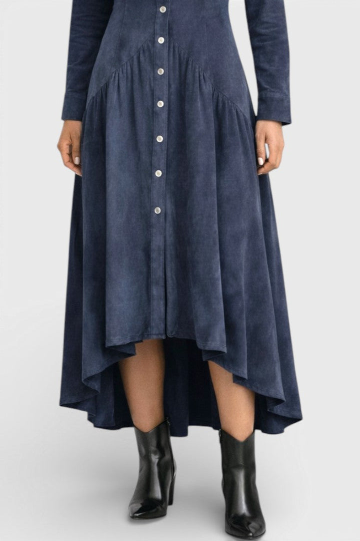Kélia Retro Midi Dress with Asymmetrical Hem & Flap Pockets