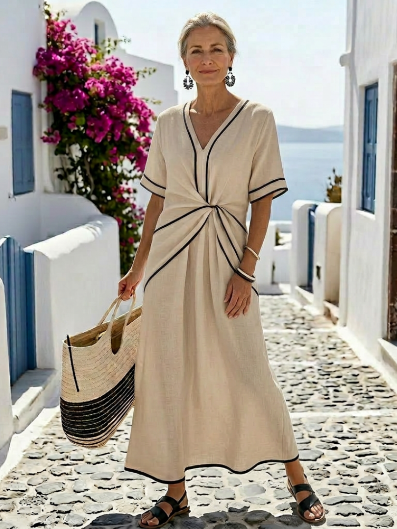 Linnea | Short-Sleeve V-Neck Gathered Waist Midi Dress