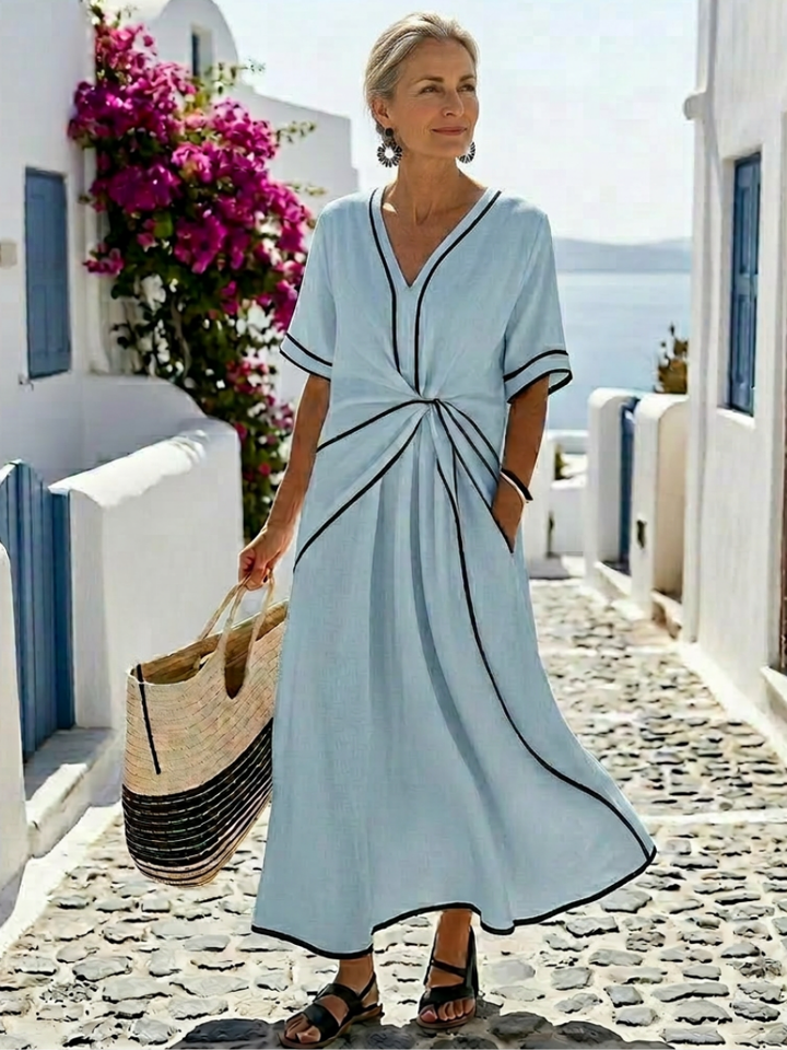 Linnea | Short-Sleeve V-Neck Gathered Waist Midi Dress