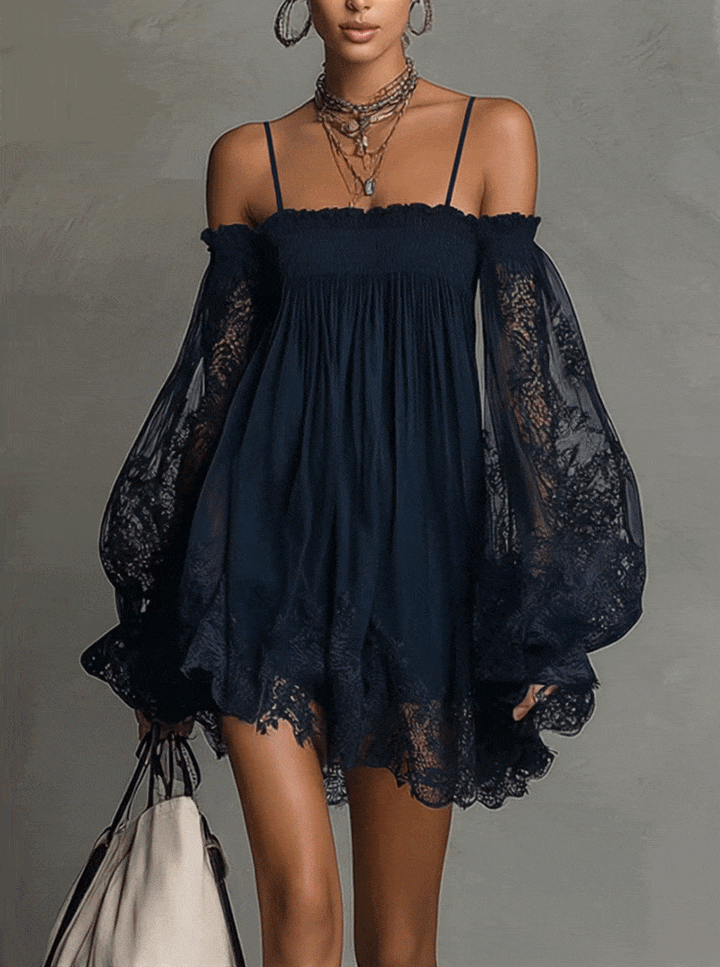 Noemi • Navy Blue Chiffon Mini Dress with Off-Shoulder Neckline, Lace Trim and Sheer Sleeves