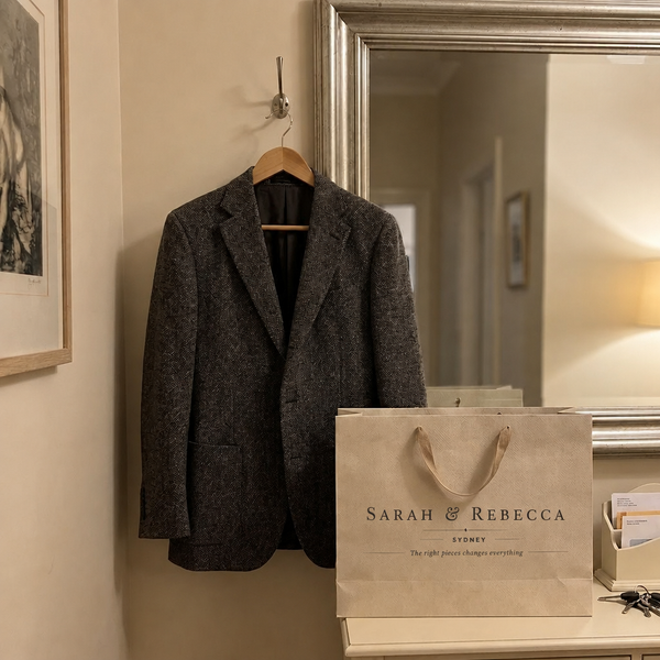 Sarah & Rebecca Sydney shopping bag with tweed jacket