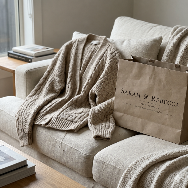 Sarah & Rebecca Sydney shopping bag with beige knit cardigan