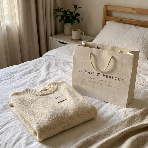 Sarah & Rebecca Sydney shopping bag bedroom scene