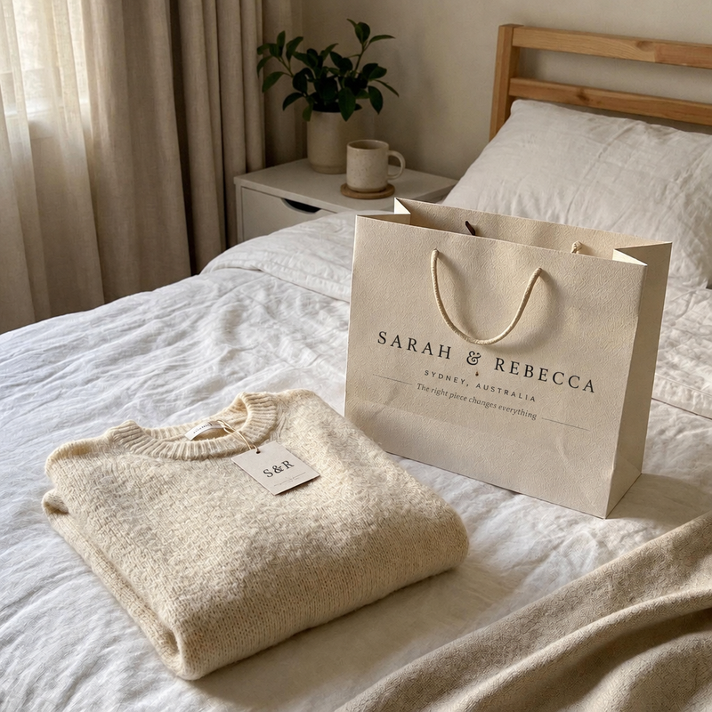 Sarah & Rebecca Sydney shopping bag bedroom scene