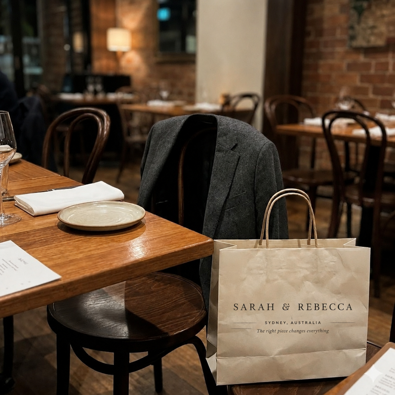 Sarah & Rebecca Sydney shopping bag restaurant scene