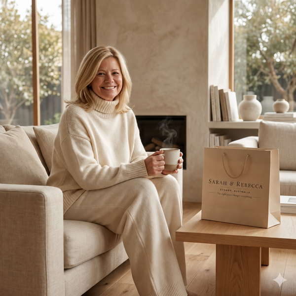 Sarah & Rebecca Sydney shopping bag living room scene