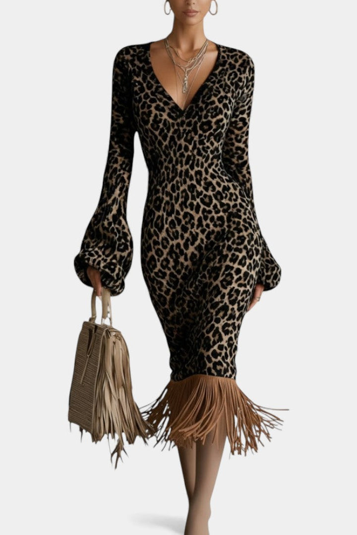 Denise™ Midi Textured Patterned Dress with Fringe Hem