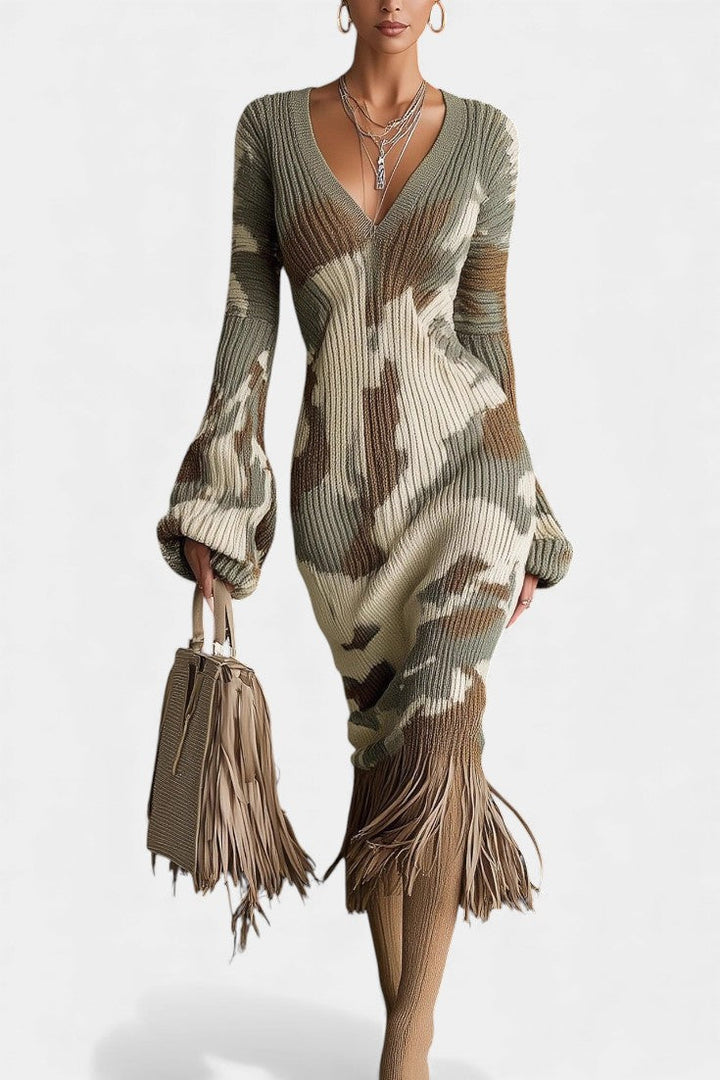 Maree™ Midi Textured Camouflage Brown Fringe Dress with V-Neck