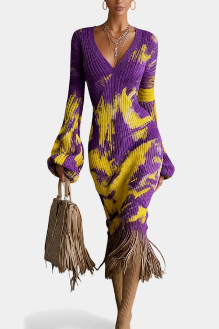 Cathy™ Midi Fringe Textured Knit Dress with Artistic Prints