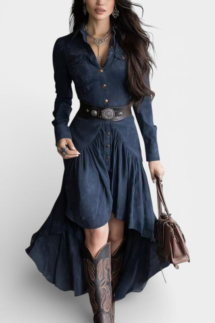 Kélia Retro Midi Dress with Asymmetrical Hem & Flap Pockets