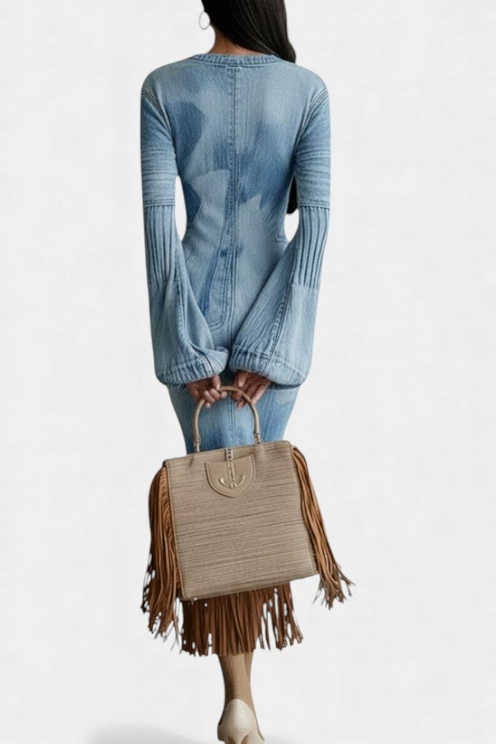 Debbie™ Textured Midi Denim Effect Dress with Puff Sleeves & Fringes