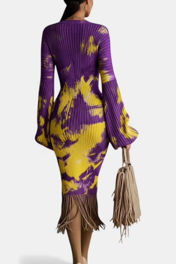 Cathy™ Midi Fringe Textured Knit Dress with Artistic Prints