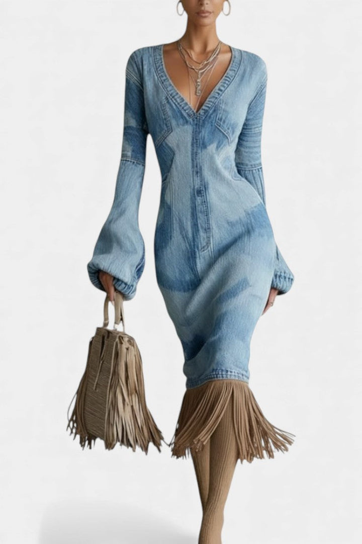 Debbie™ Textured Midi Denim Effect Dress with Puff Sleeves & Fringes