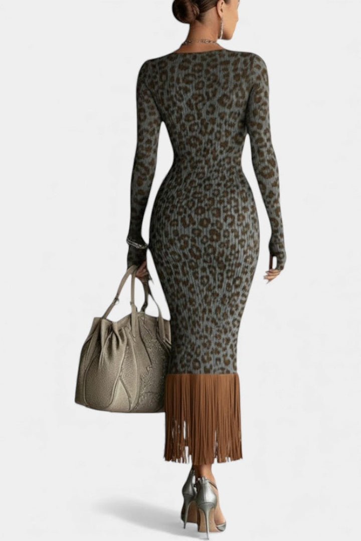Helen™ Midi Textured Grey Leopard Robe with Fringe Hem