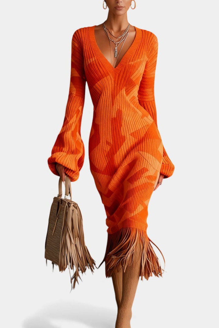 Sandra™ Midi Textured Camouflage Orange Fringe Dress with V-Neck