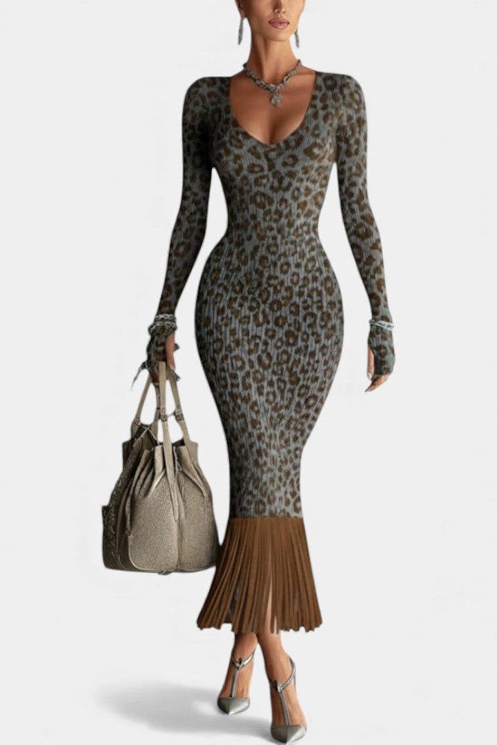 Helen™ Midi Textured Grey Leopard Robe with Fringe Hem