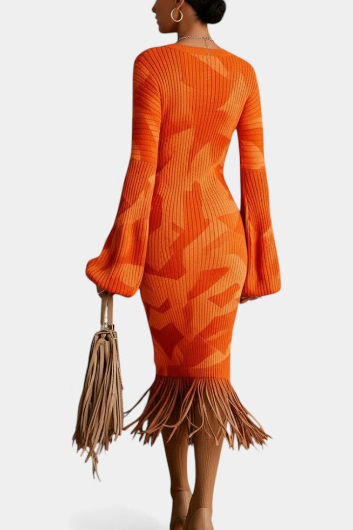 Sandra™ Midi Textured Camouflage Orange Fringe Dress with V-Neck