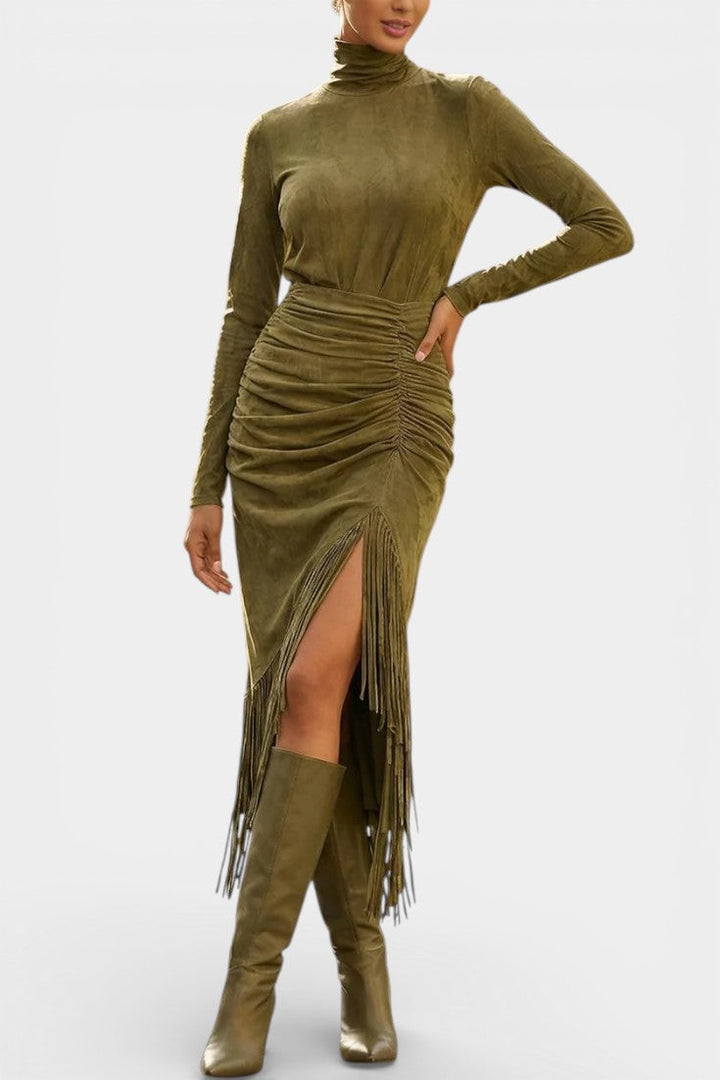 Solaria™ Long Suede Dress with High Collar and Draped Fringe