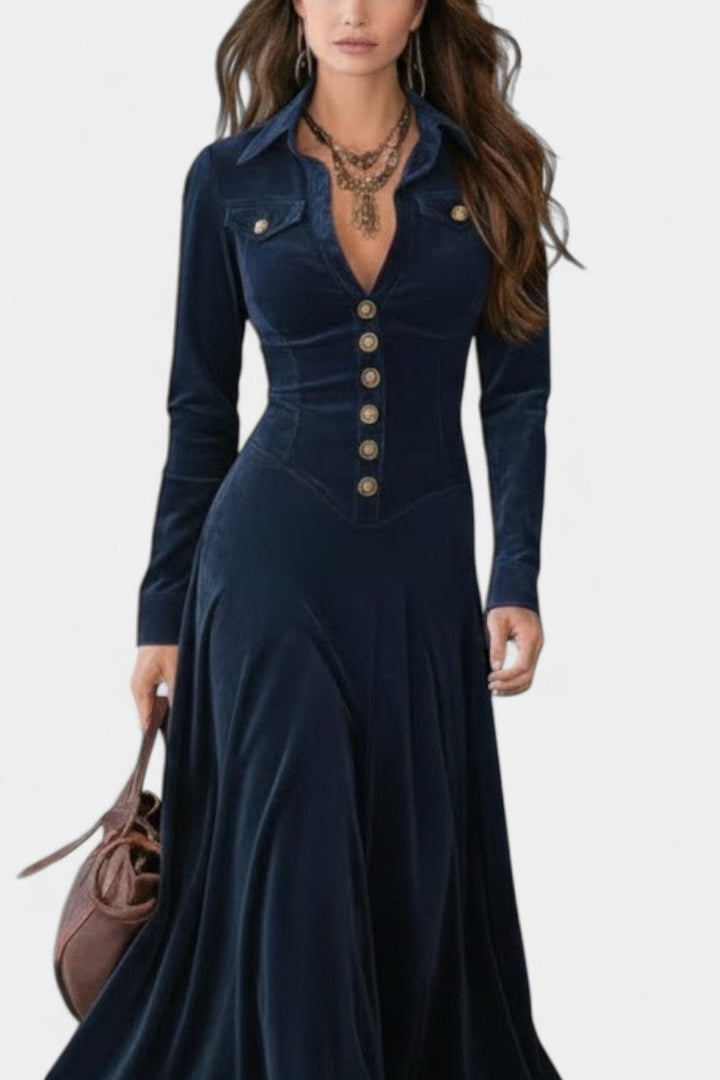 Romy Long Suede Dress with Buttons and Plunging Neckline