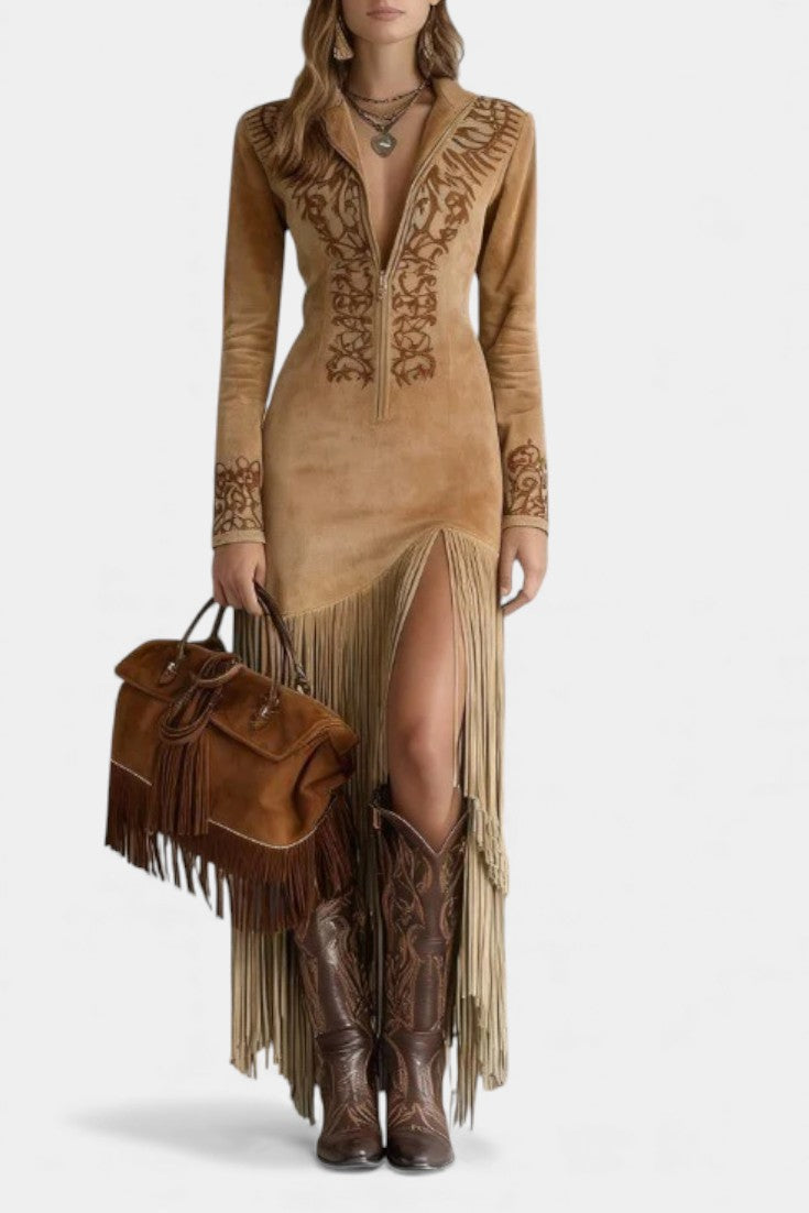 Lieselotte™ Maxi Dress in Embroidered Synthetic Suede with Zip Collar