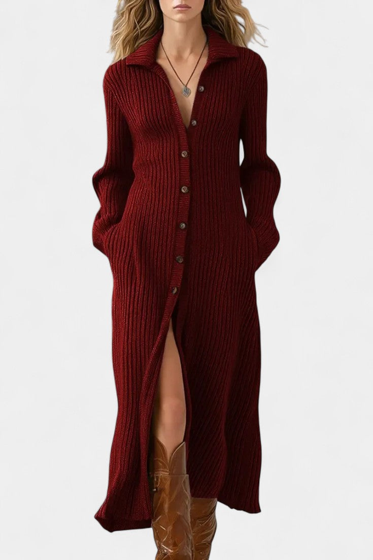 Thea Long Knit Dress with Shirt Collar