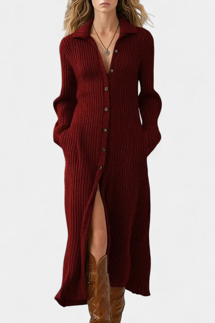 Thea Long Knit Dress with Shirt Collar