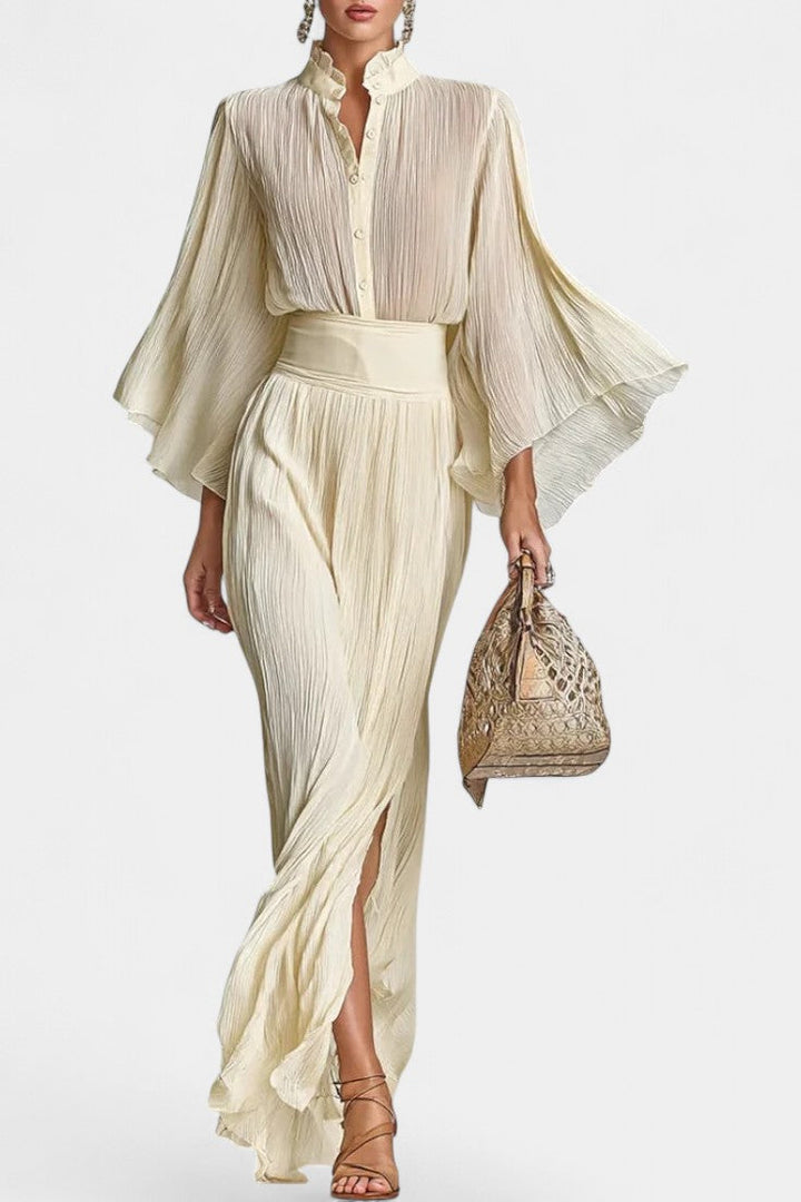 Valentine Two-Piece Ensemble with High Collar, Pleated and Long Split Skirt