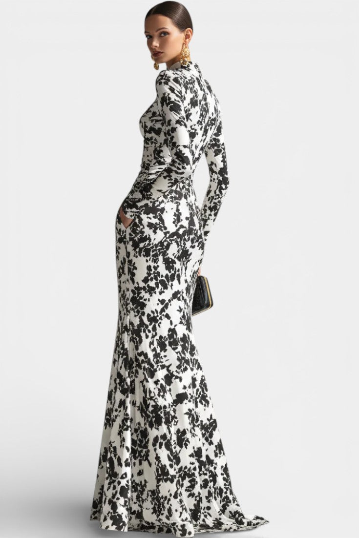 Amada Floral Black and White Wrap Dress with High Collar