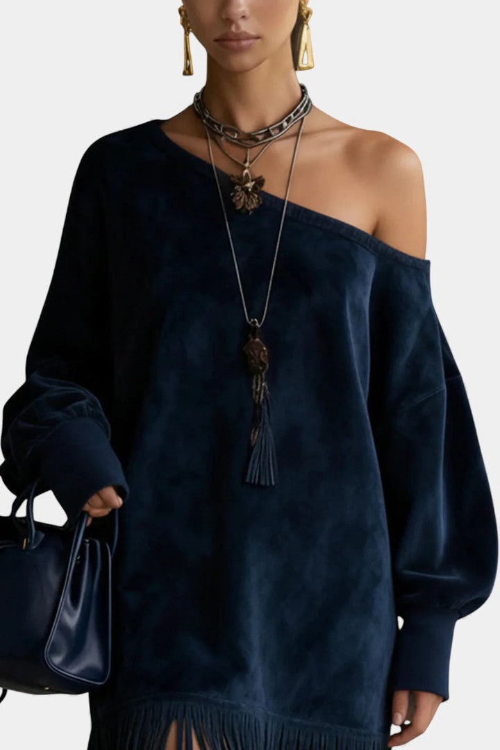 Janine™ Navy Suede Dress with Off-the-Shoulder Design and Fringed Hem
