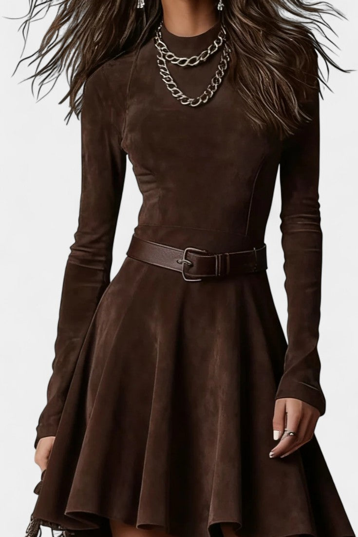 Marlyène Dark Brown Suede Mini Dress with High Collar Vintage
