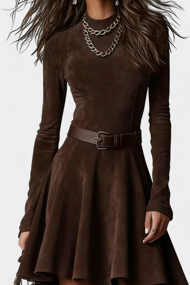 Marlyène Dark Brown Suede Mini Dress with High Collar Vintage