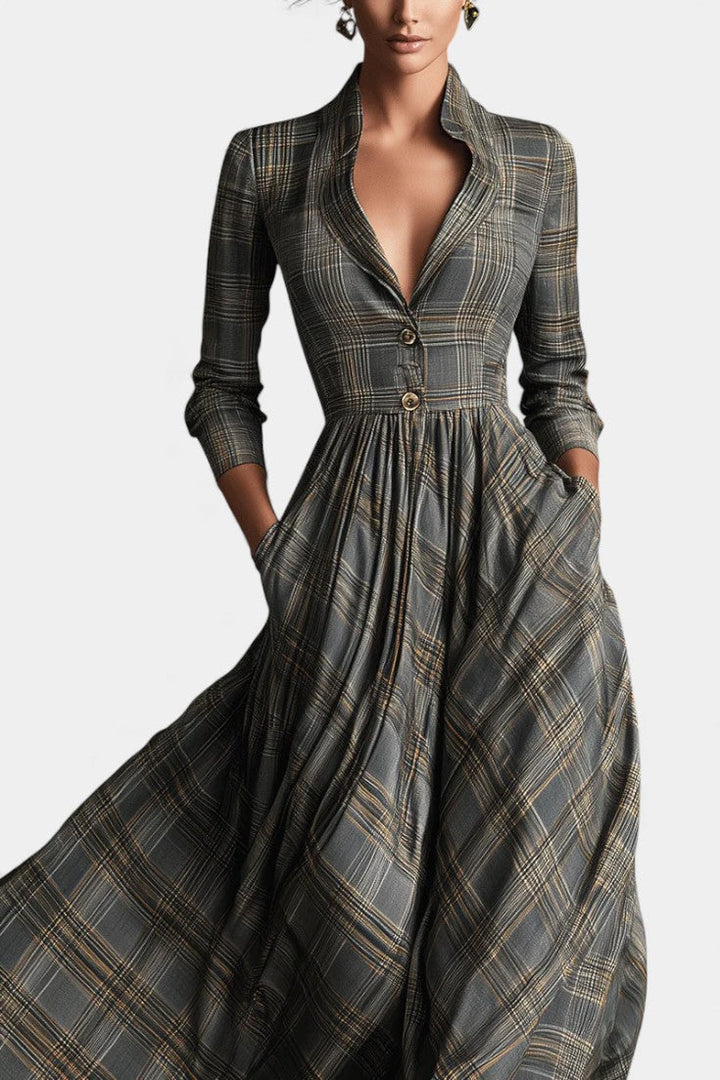 Philae Long Flared Dress with Refined Tartan Pattern