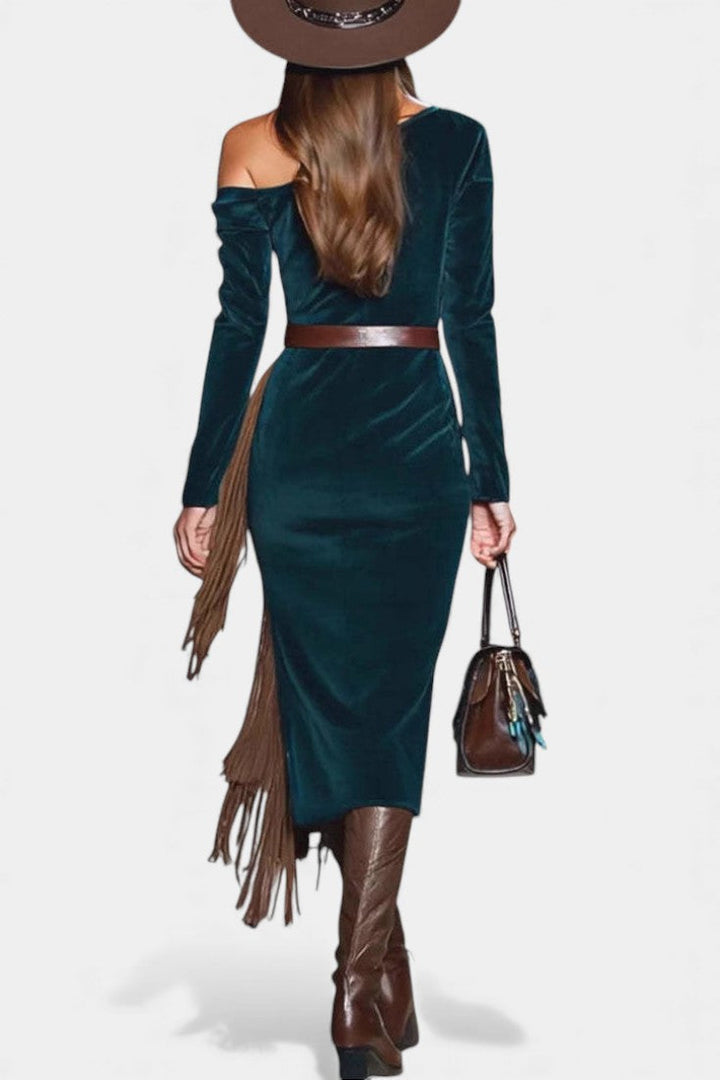 Susan™ Fringe Dress in Green Faux Suede with One Shoulder