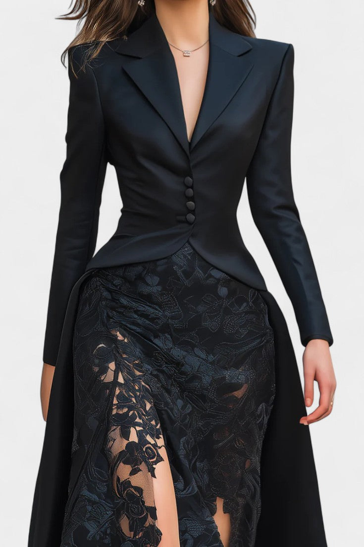 Flavienne Long Satin and Black Lace Blazer Dress