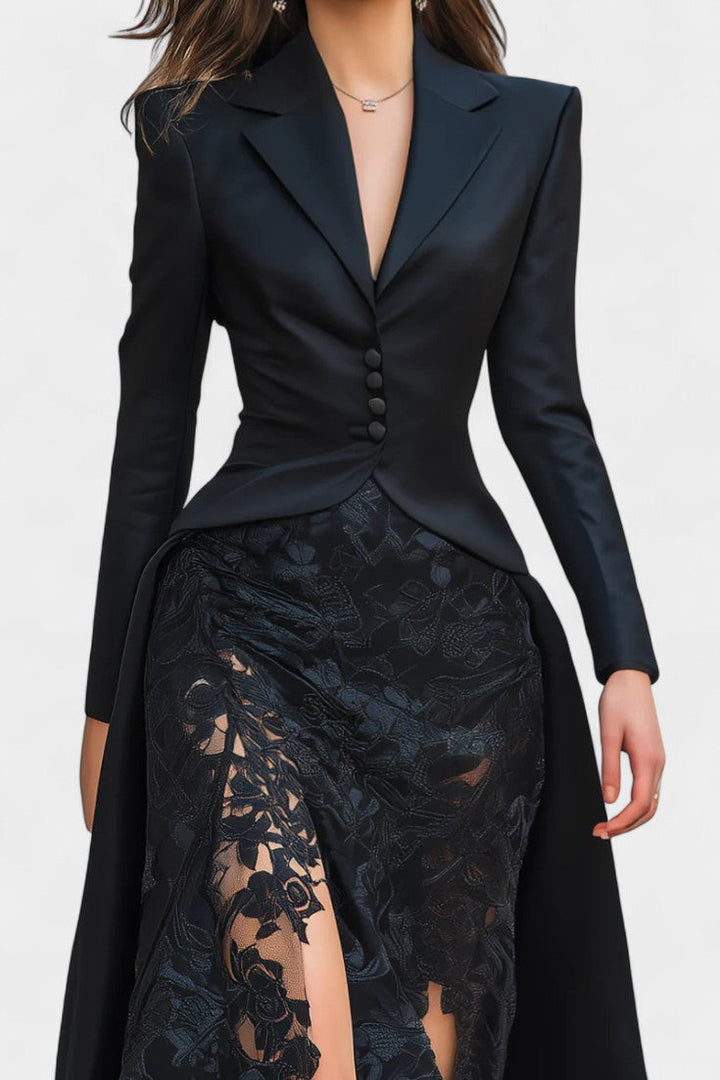 Flavienne Long Satin and Black Lace Blazer Dress