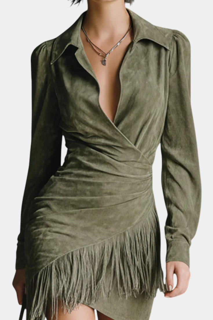 Ottilia™ Mini Wrap Dress in Olive Suede