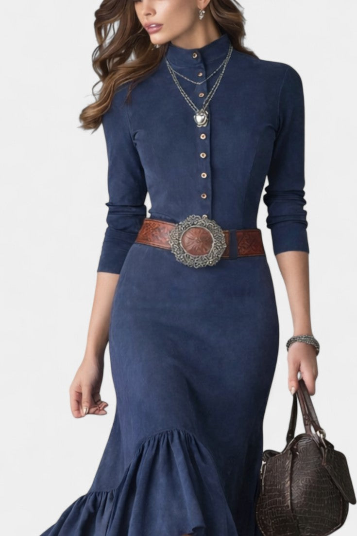 Louna Navy Blue High Collar Maxi Dress with Buttons and Asymmetrical Hem